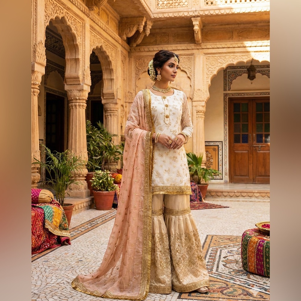 Elegant Cream and Gold Women's Sharara set